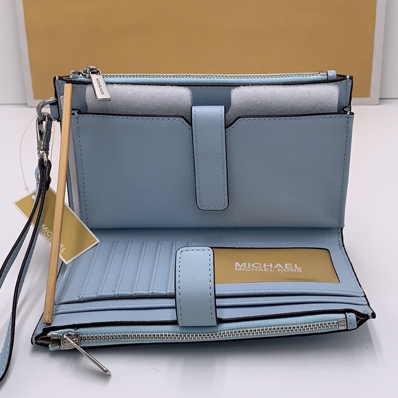 MICHAEL KORS JET SET TRAVEL 35F8GTVWOL VISTA BLUE LG DOUBLE ZIP WRSTLT LEATHER - Picture 6 of 14